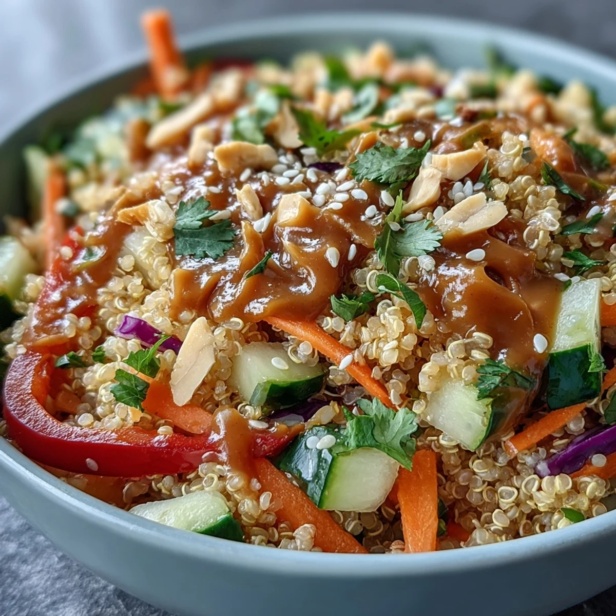 A vibrant Thai Coconut Quinoa Bowl topped with crisp veggies and drizzled with creamy peanut dressing.  