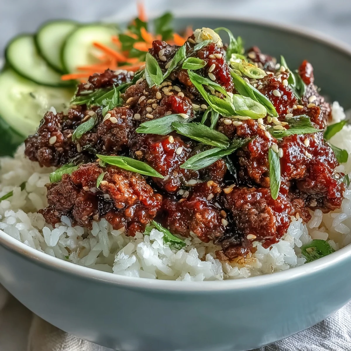 Steaming Korean Ground Beef Bowl with gochujang glaze over fluffy rice and fresh vegetables.