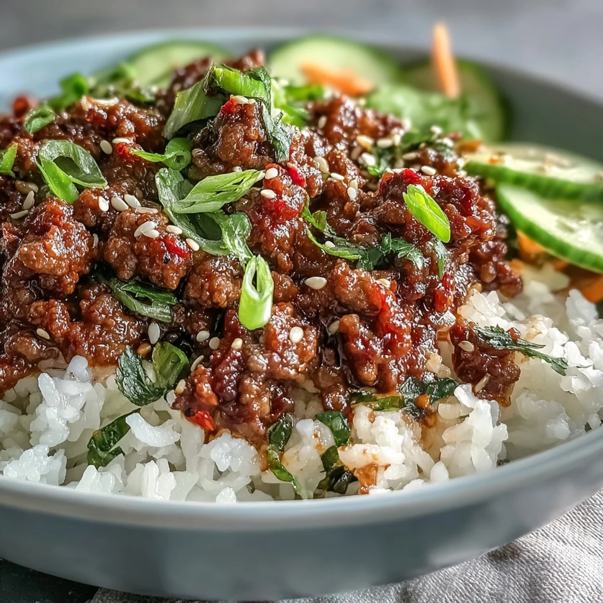 Colorful Korean Ground Beef Bowl topped with crunchy kimchi, edamame, and toasted sesame seeds.