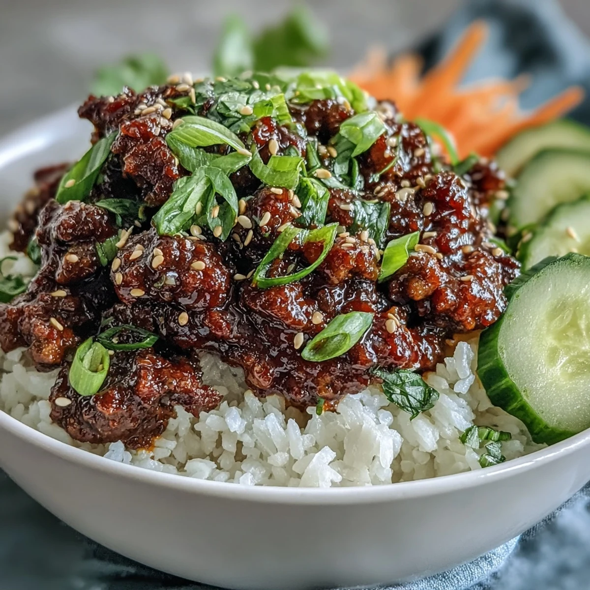 Hearty Korean Ground Beef Bowl served with carrots, cucumbers, and savory sesame beef.