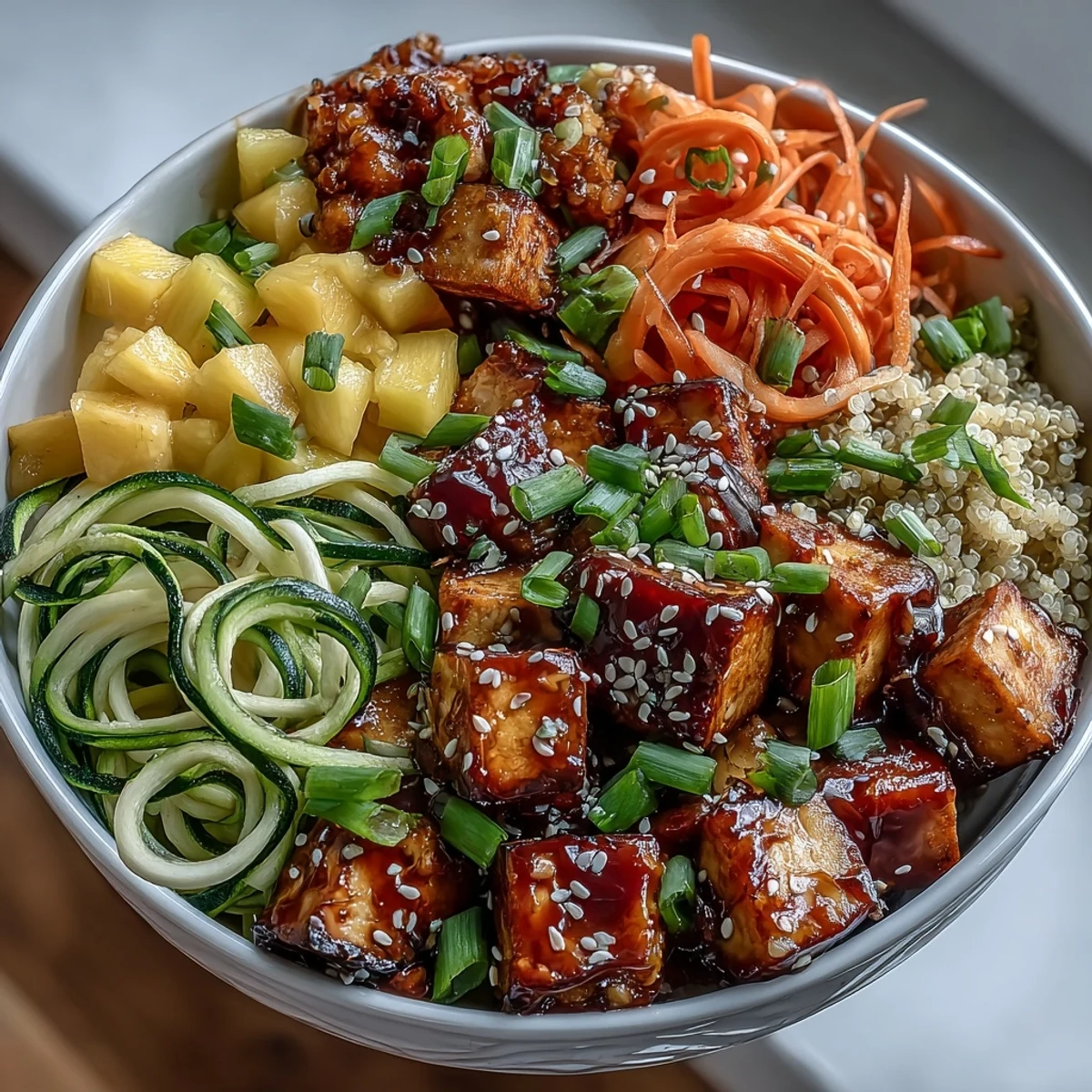 Golden baked tofu cubes glisten on fluffy quinoa, topped with spiralized zucchini, carrots, and sweet mango for a vibrant Easy Teriyaki Quinoa Bowl.