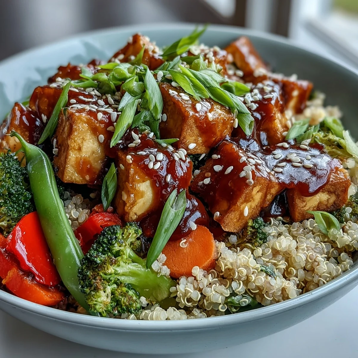 Healthy vegan quinoa vegetable teriyaki bowl drizzled with glossy sauce and fresh green onions.