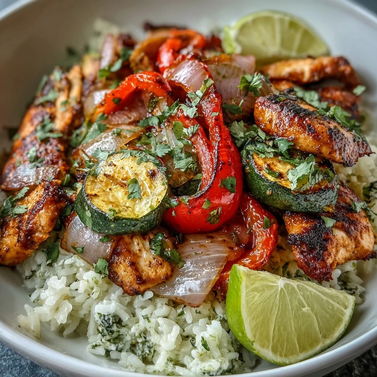 Golden-brown Sheet Pan Fajita Bowl with roasted chicken, bell peppers, and onions over a bed of fluffy rice.  