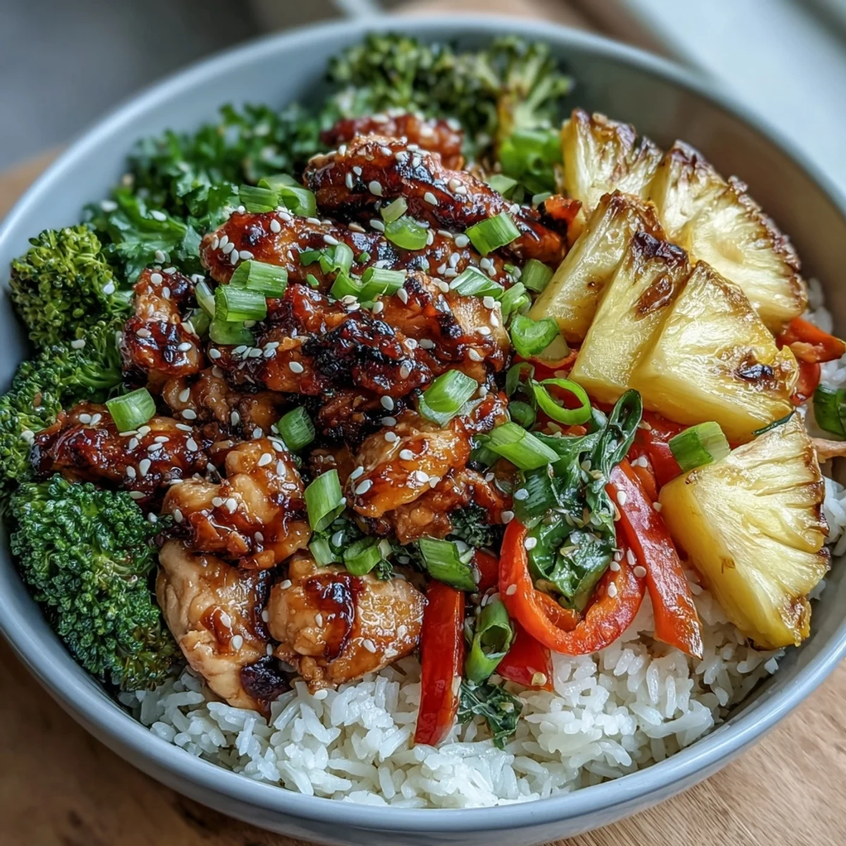 Glossy teriyaki chicken and rice bowl with fluffy steamed rice, vibrant stir-fry vegetables, and fresh pineapple garnish.