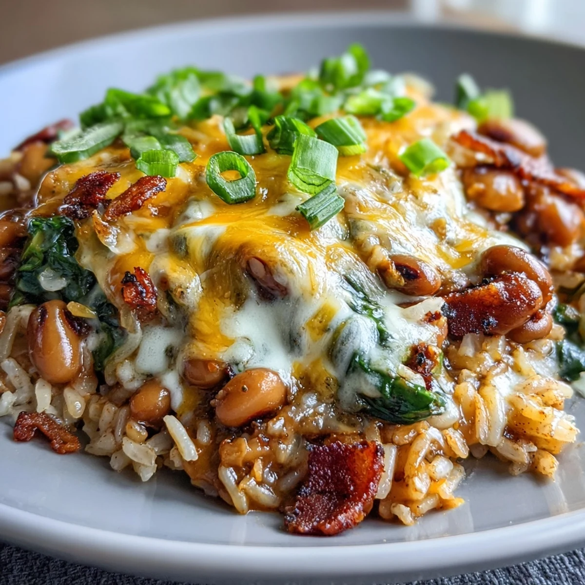 Serving spoon scooping into a hearty Tex-Mex Black Eyed Pea Casserole beside creamy avocado.
