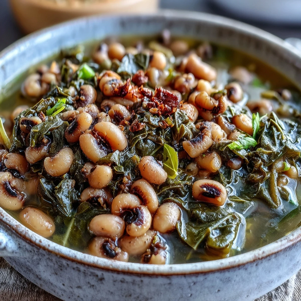 Festive Black-Eyed Peas with Collard Greens simmered in a savory broth, served with a wedge of golden cornbread.