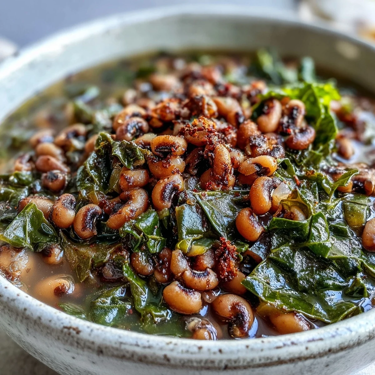 Soulful Black-Eyed Peas with Collard Greens ladled from a Dutch oven, paired with crumbly cornbread for a classic meal.