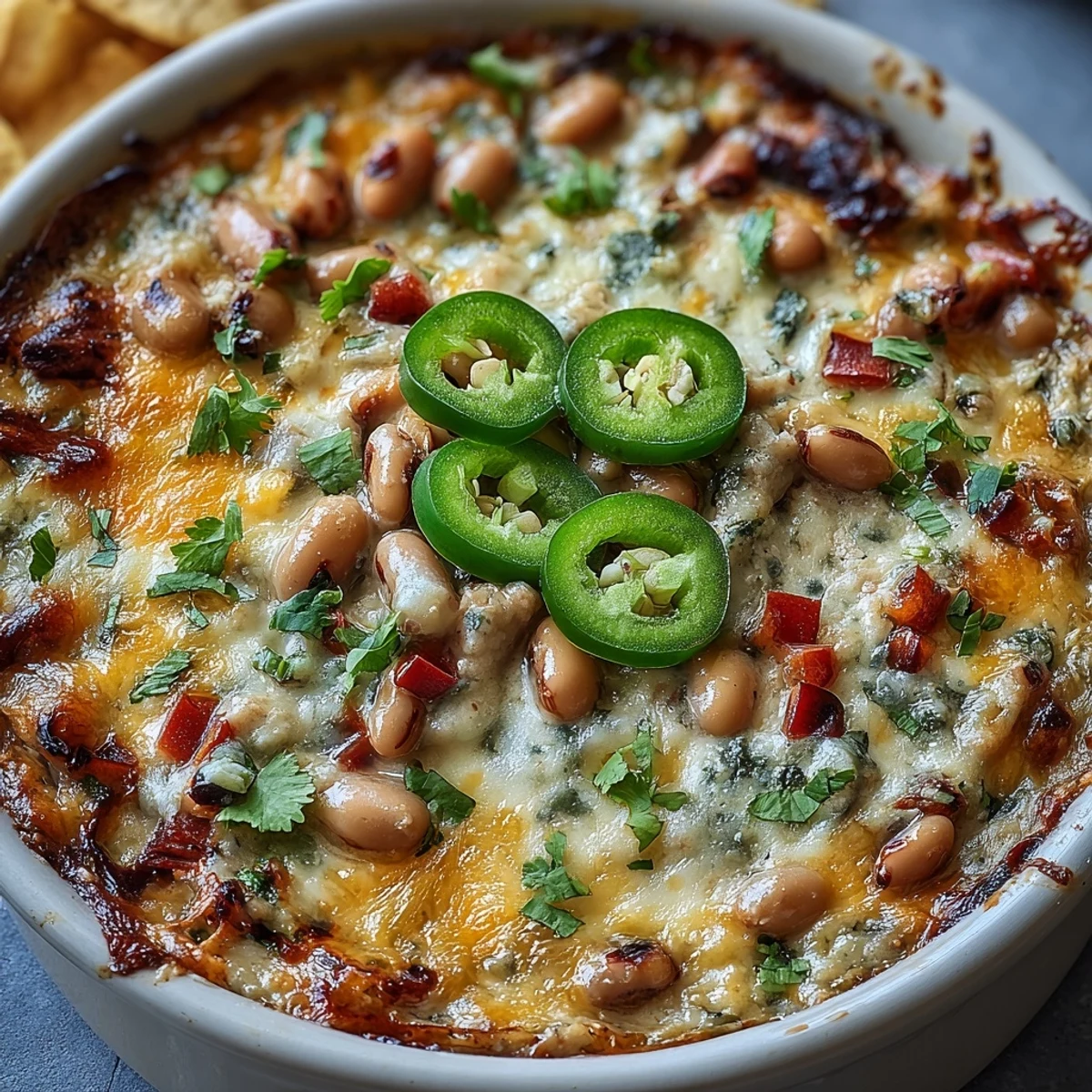 Freshly baked Hot Black-Eyed Pea Dip with Jalapeño and Cumin bubbling in a dish, garnished with cilantro and served with crispy tortilla chips.