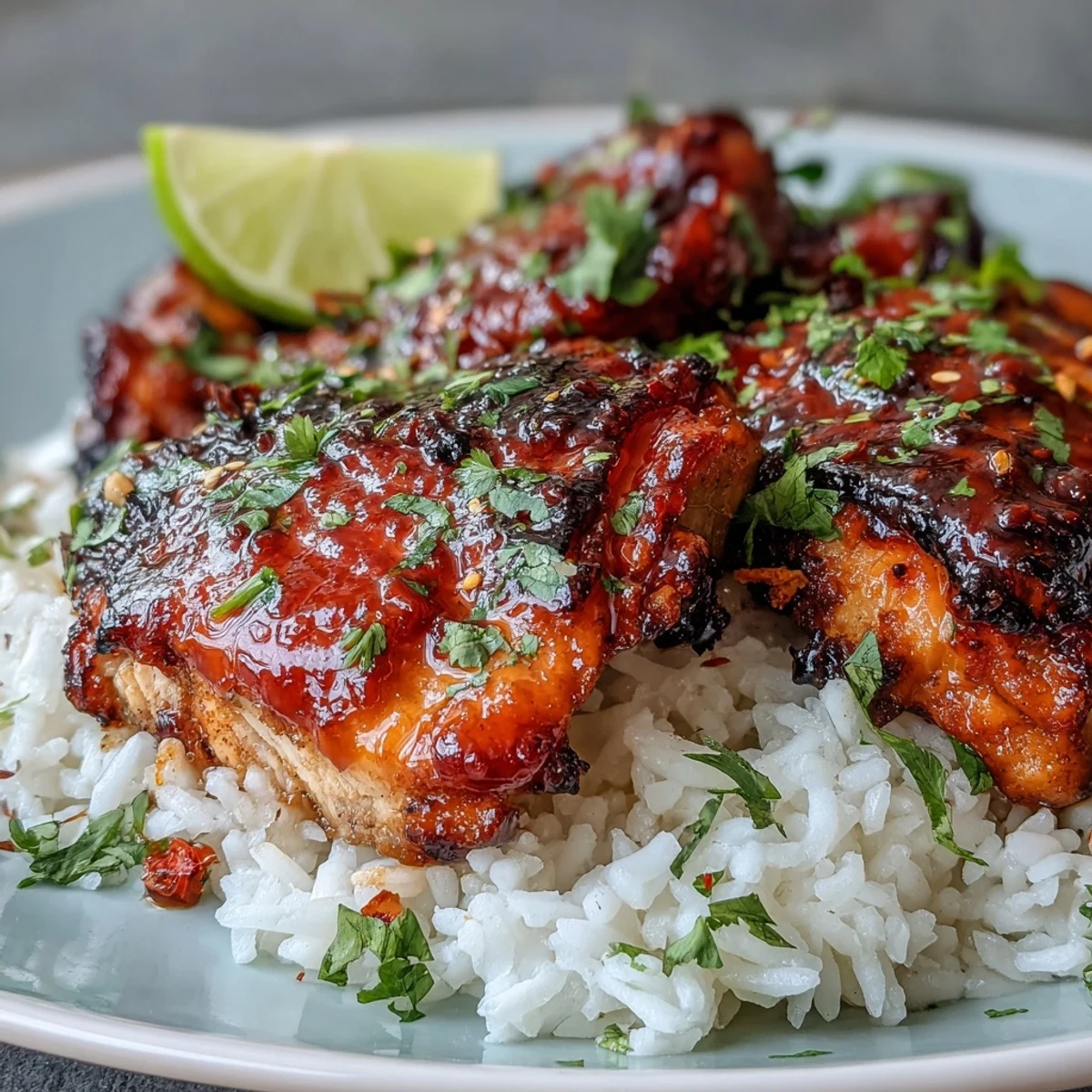 Golden-brown Spicy Maple Chicken glazed with sweet and spicy sauce, served over fluffy coconut rice with cilantro garnish.