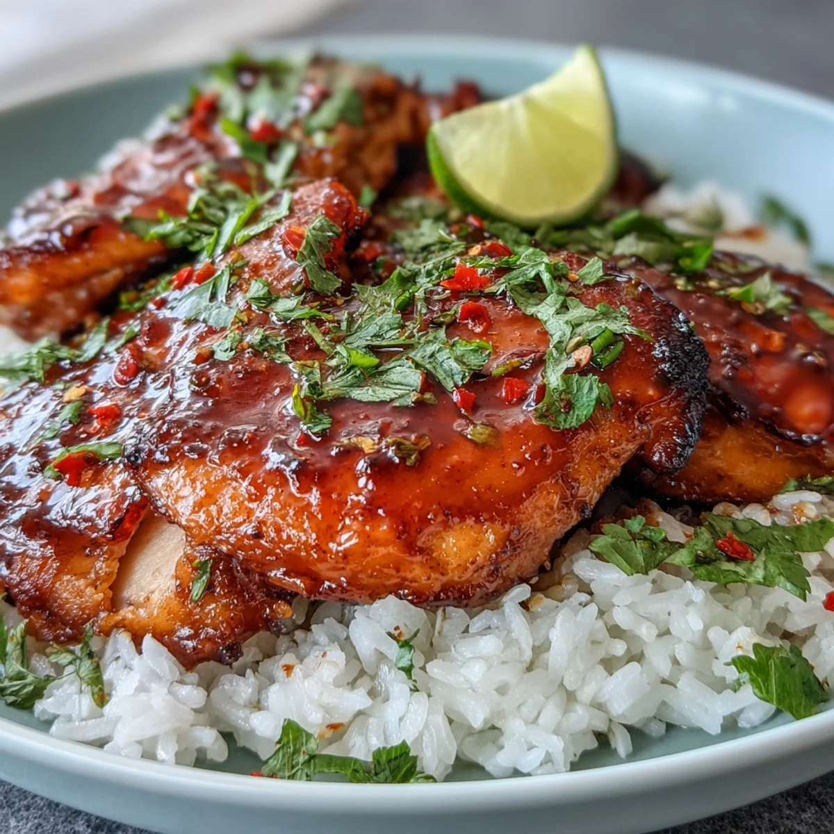 Tender baked chicken with spicy maple glaze on a bed of creamy coconut rice, topped with fresh cilantro.