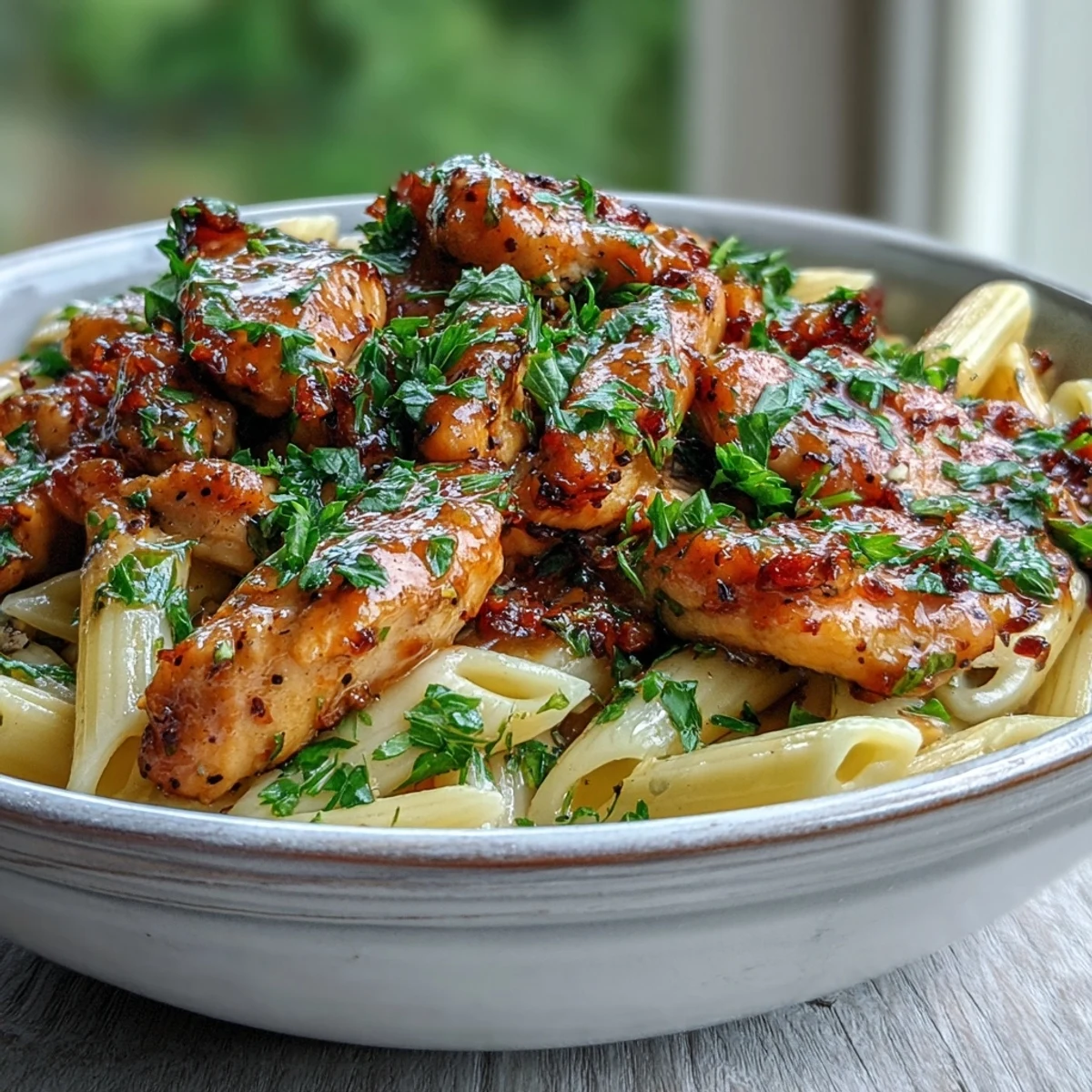 Tender golden chicken strips and al dente pasta are coated in a honey pepper sauce, ready to serve for dinner.