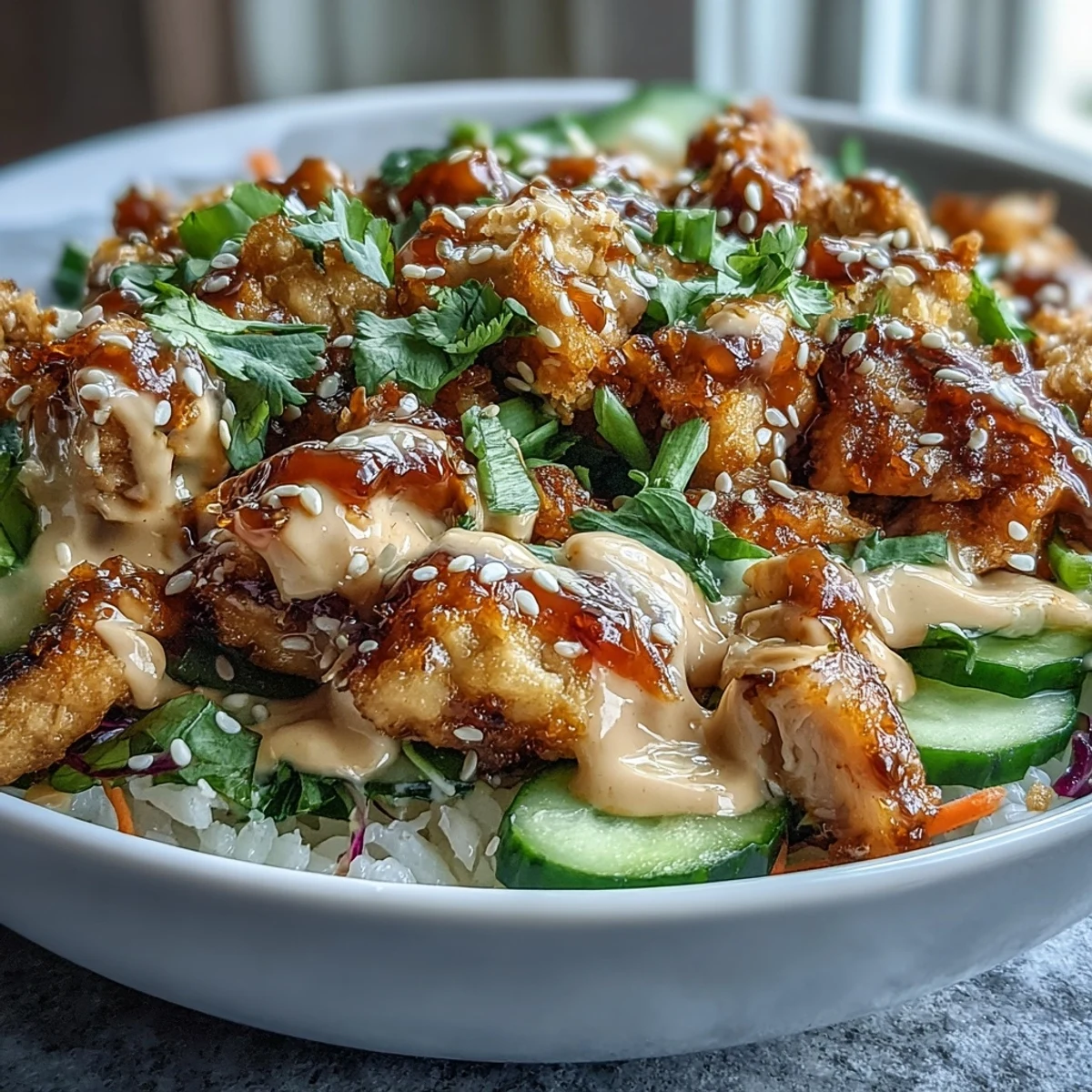 Vibrant Bang Bang Chicken Bowl with golden chicken, crisp veggies, and creamy spicy sauce over fluffy rice.