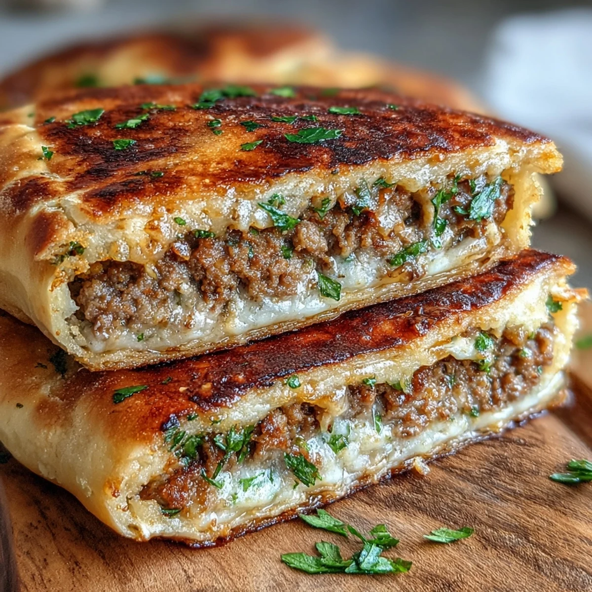 Two halves of Crispy Lebanese Arayes, brushed with olive oil, showing juicy meat filling and charred pita edges.