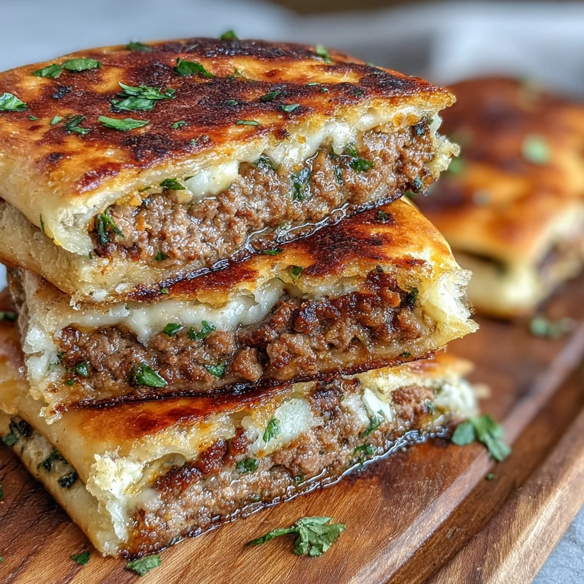Golden crispy Crispy Lebanese Arayes stuffed with spiced meat and fresh parsley, served warm on a rustic plate.