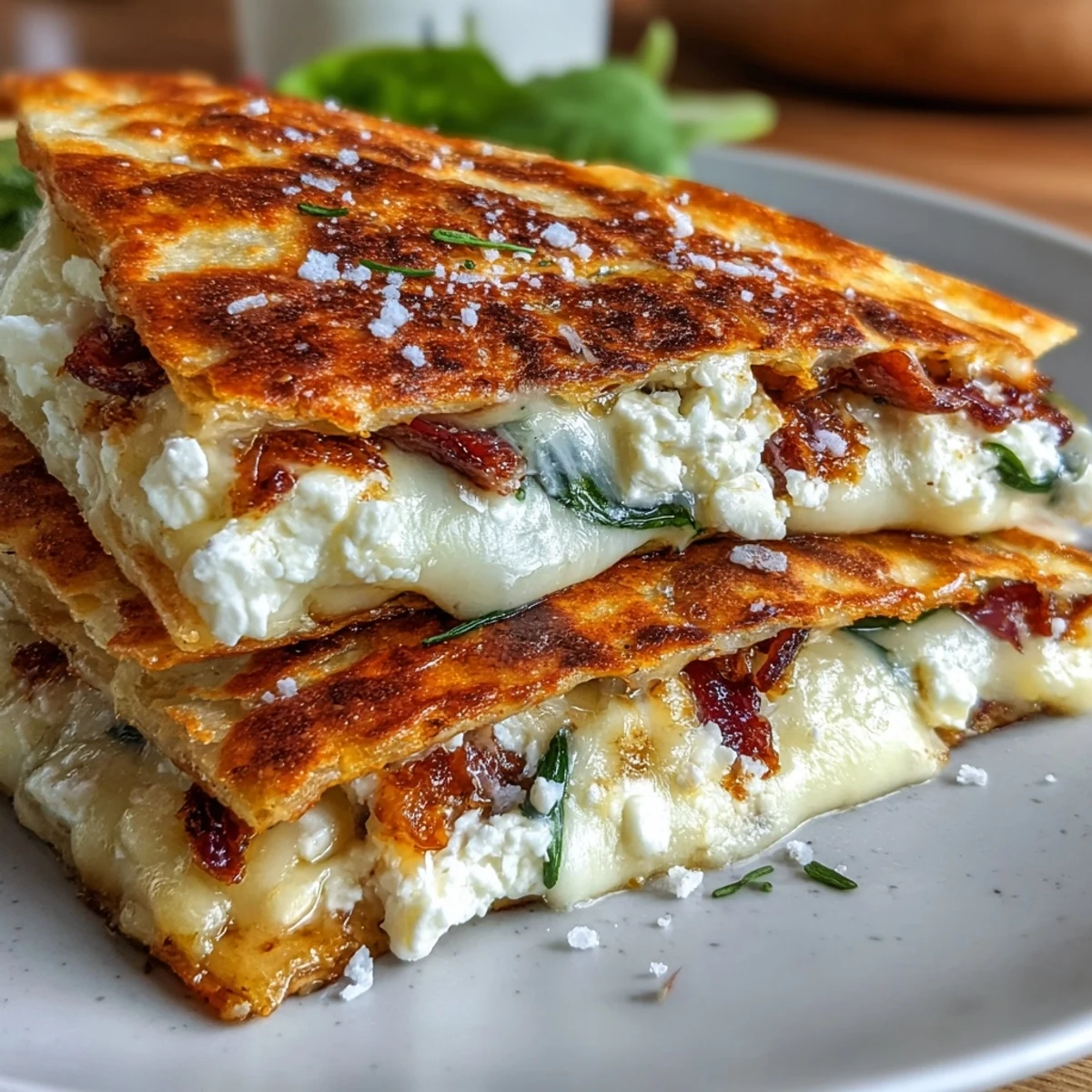 Close-up of melted Mediterranean Quesadillas with Spinach, Feta, Mozzarella, and Red Onion showing spinach and onions.