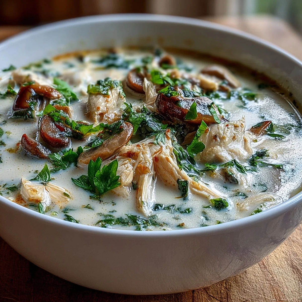Creamy Tom Kha Soup with tender chicken, mushrooms, and fresh cilantro garnish.