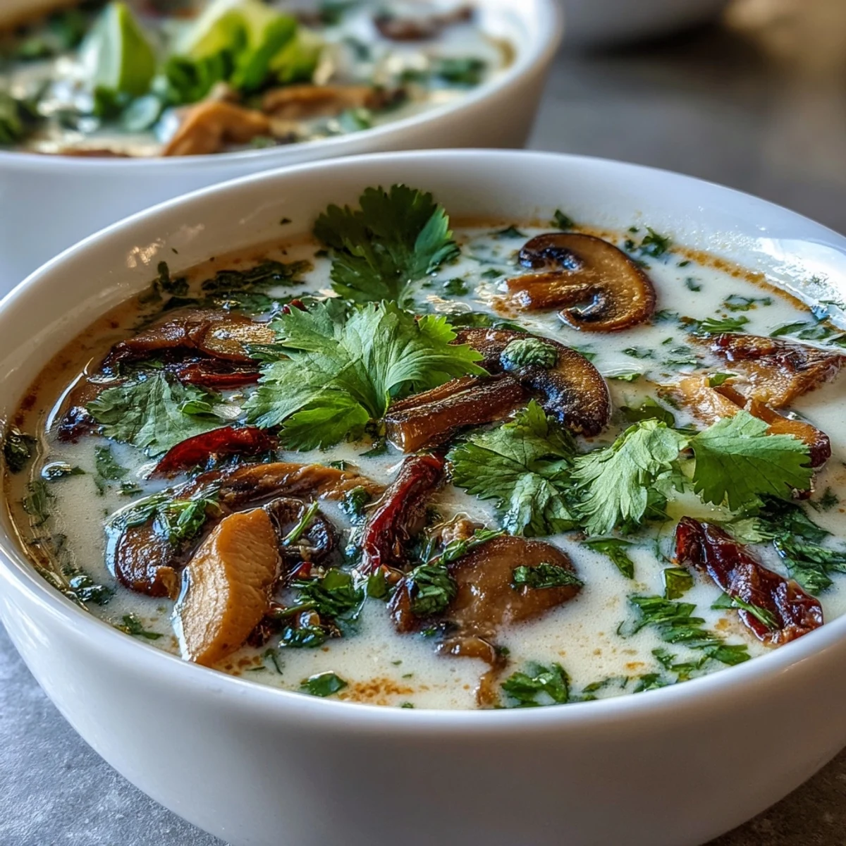 Steaming bowl of Tom Kha Soup featuring fragrant lemongrass and coconut cream.