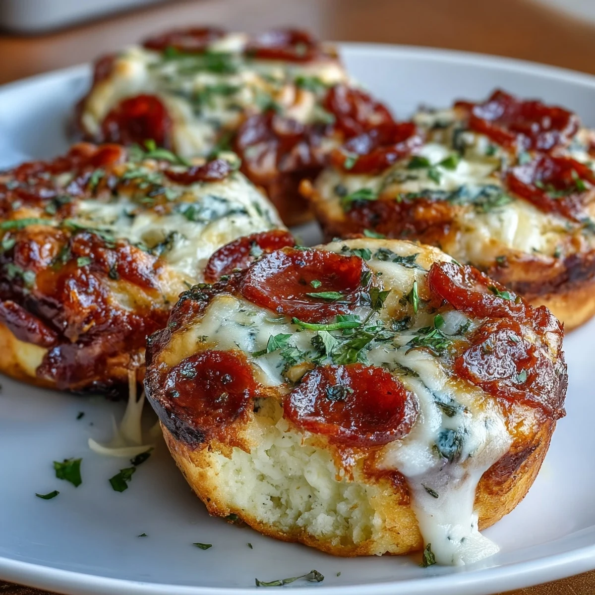 A close-up of High-Protein Pepperoni Breakfast Cups shows the fluffy egg texture studded with diced red peppers and savory pepperoni slices.  