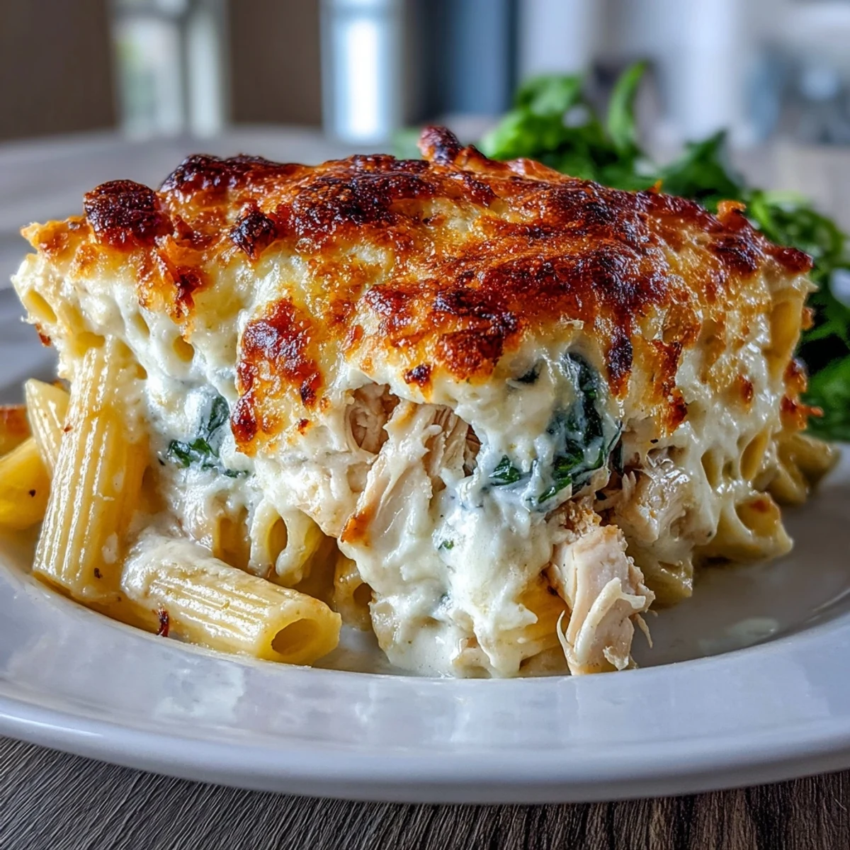 Freshly baked Greek Yogurt Chicken Alfredo Bake with bubbly golden cheese, rotisserie chicken, and penne in a creamy white sauce.