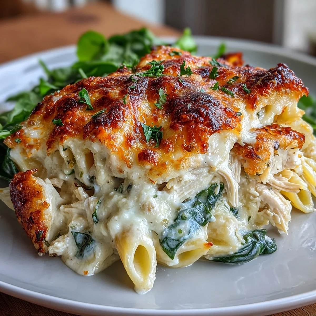 A plated serving of Greek Yogurt Chicken Alfredo Bake with spinach and parsley, paired with a crisp green salad.