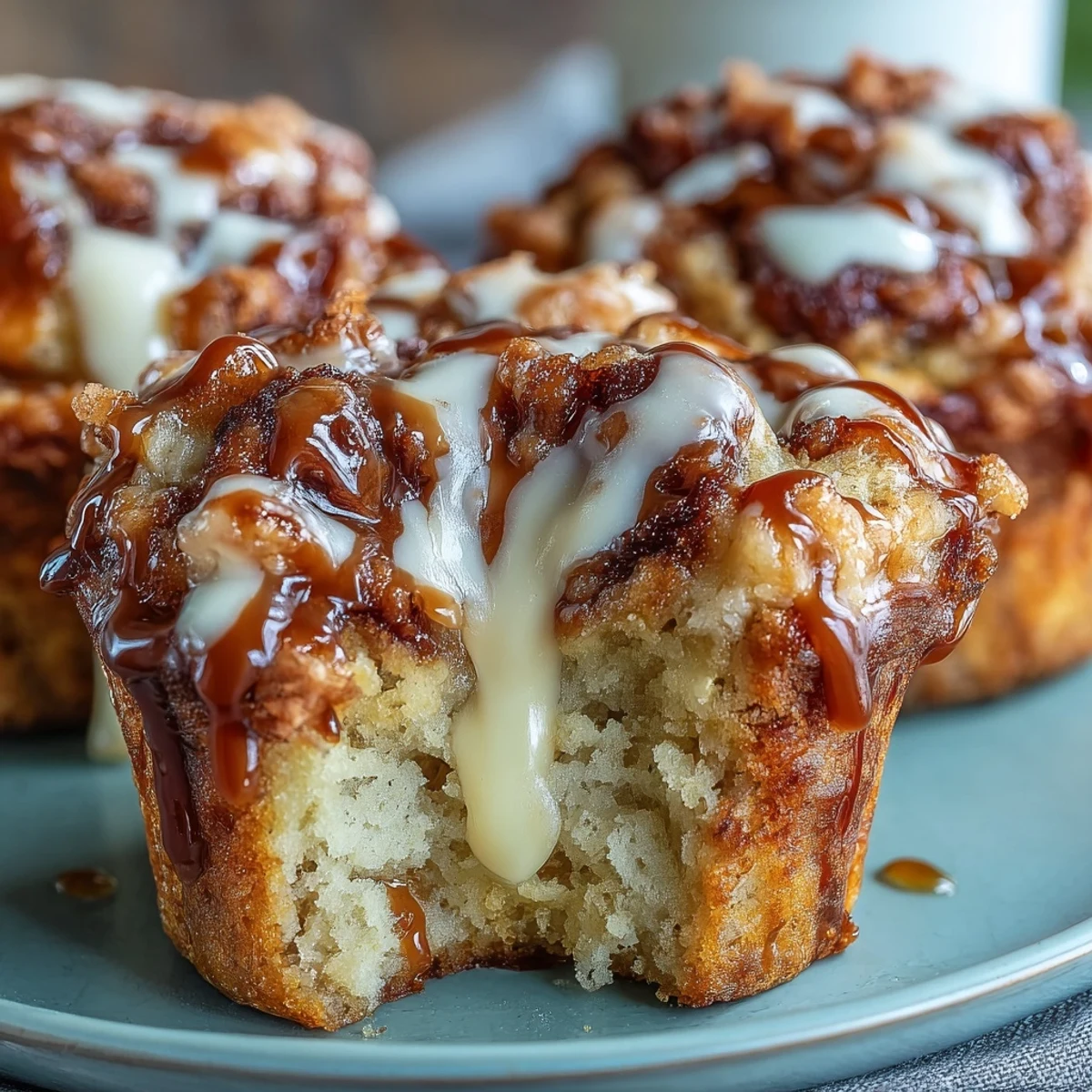 Freshly baked Caramel Cream Cheese Swirl Muffins with a creamy center, served on a rustic wooden board.