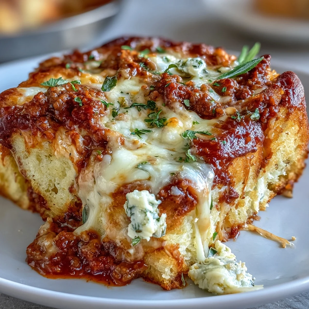 Layered Cheesy Garlic Bread Lasagna Skillet with marinara sauce and ricotta in cast iron.