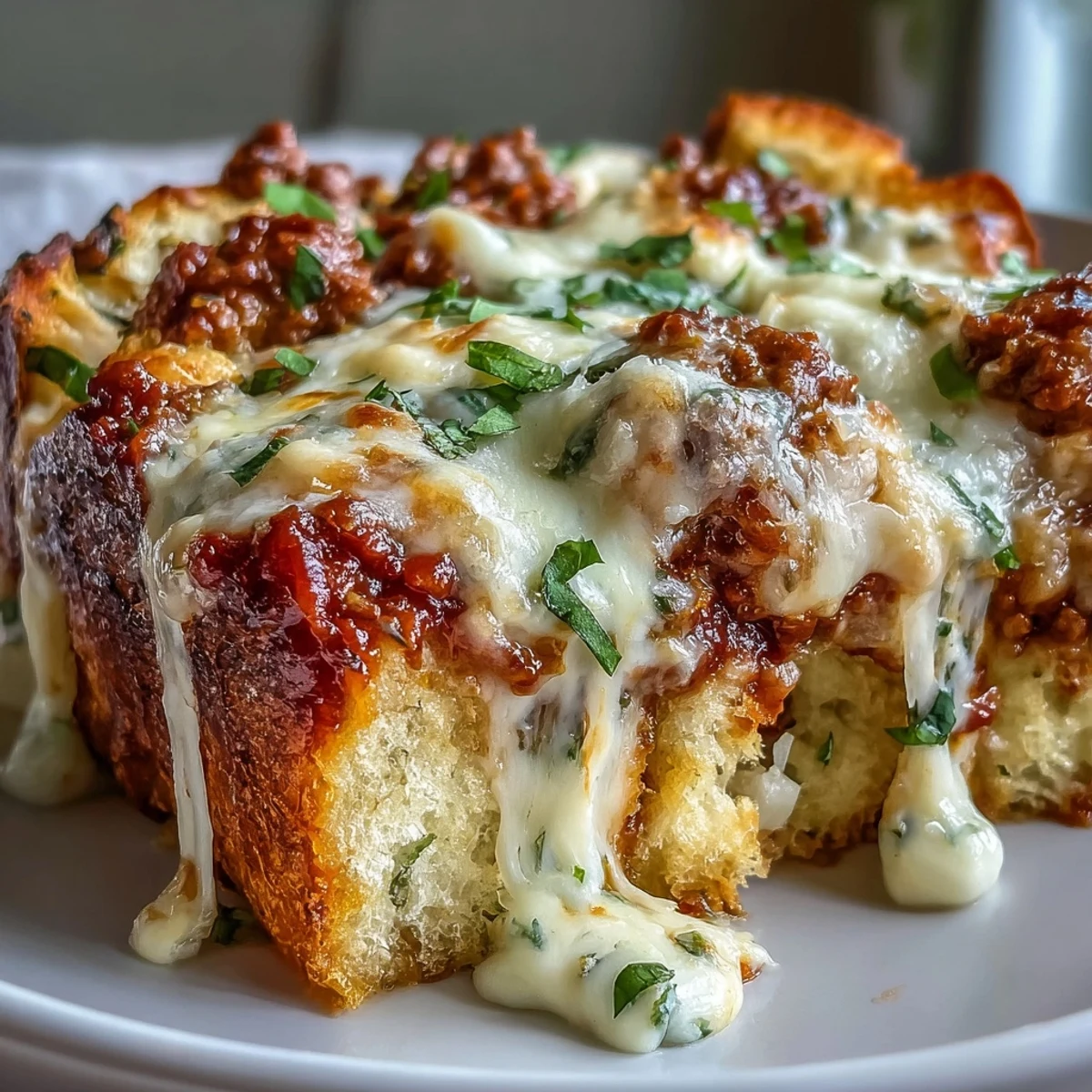 A hearty skillet of Cheesy Garlic Bread Lasagna with golden, bubbly mozzarella on top.