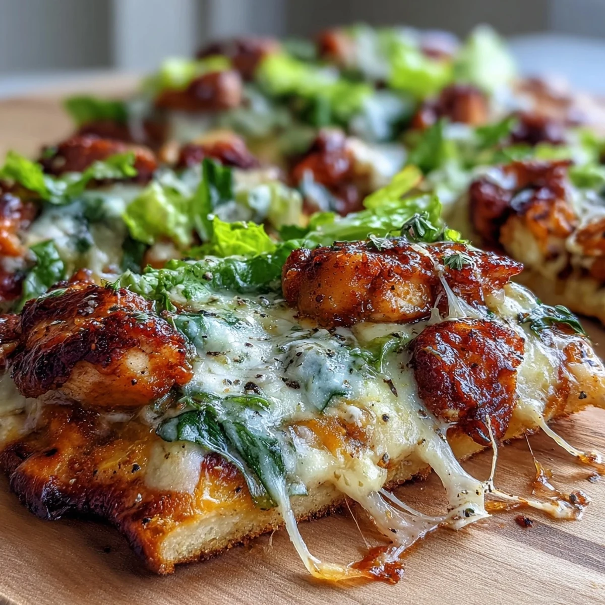 Topped with crisp romaine and creamy Caesar dressing for a savory lunch.