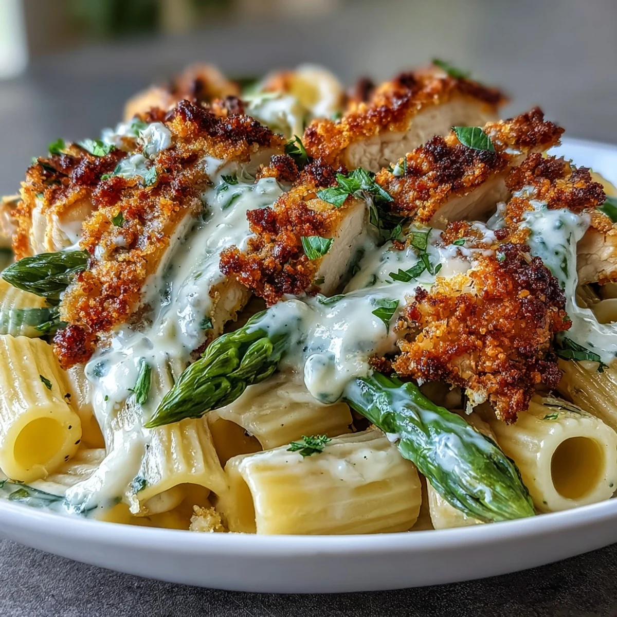 Golden, crispy roasted asparagus topped with panko and Asiago cheese, ready to be folded into creamy Crispy Parmesan Asparagus Chicken Pasta.