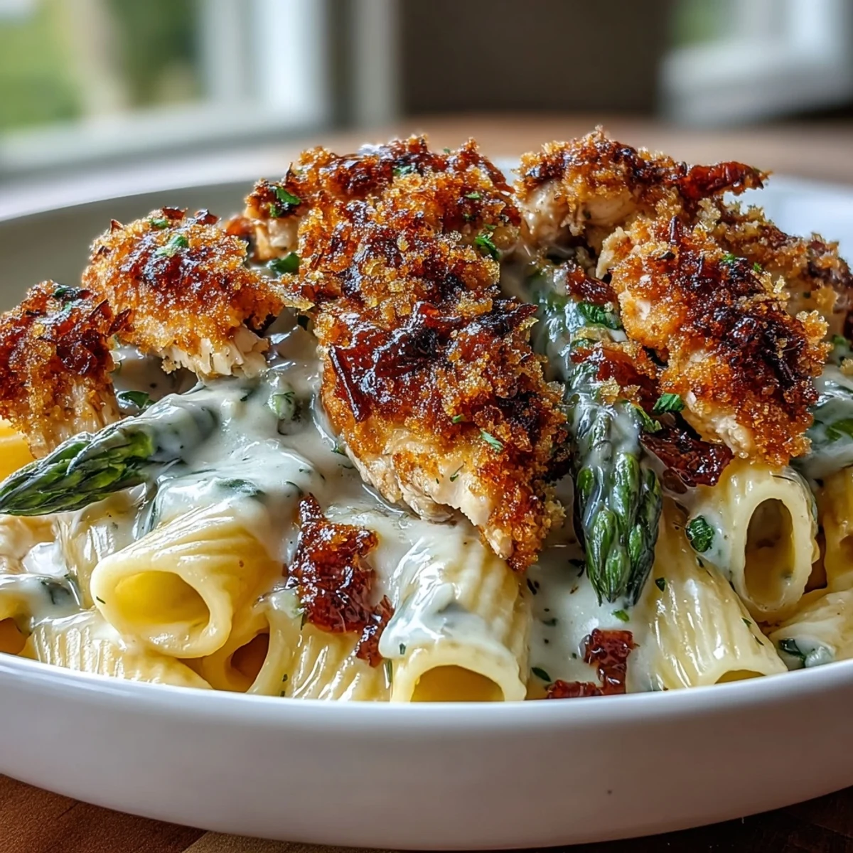 A skillet of golden, pan-seared chicken strips and penne pasta tossed in a creamy lemon-Parmesan sauce for Crispy Parmesan Asparagus Chicken Pasta.