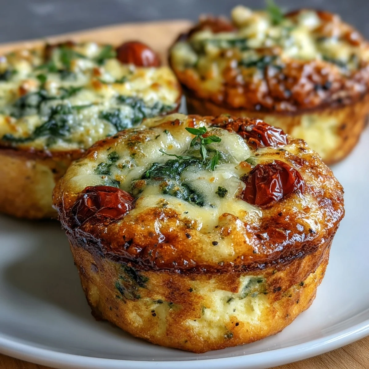 Golden-brown High-Protein Egg Muffin Cups with Spinach and Tomatoes, fresh from the oven on a cooling rack.