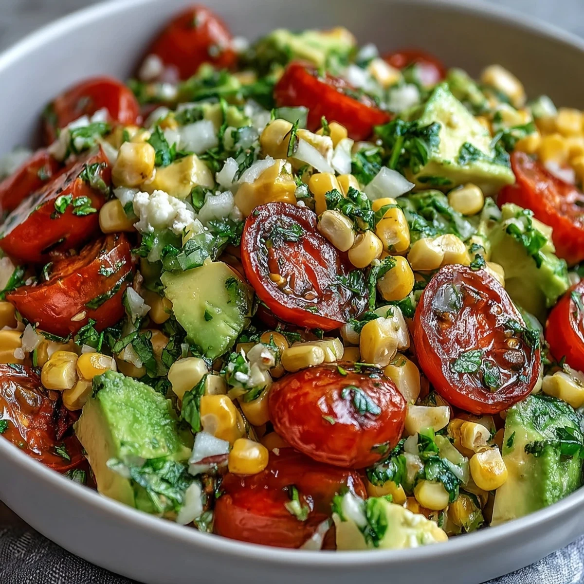 Colorful Fresh Corn and Tomato Salad with Avocado and Lime topped with diced avocado and lime wedges, served as a light summer side.