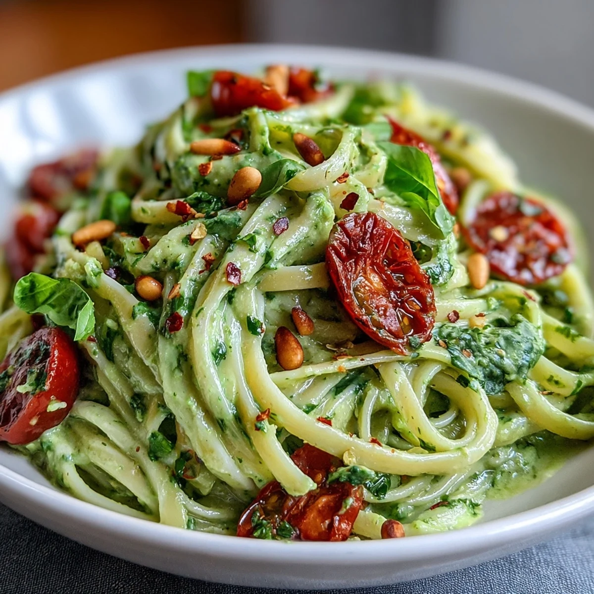 Vegan Creamy Avocado Lime Pasta with Cherry Tomatoes twirled on a fork, drizzled with olive oil and a sprinkle of chili flakes.