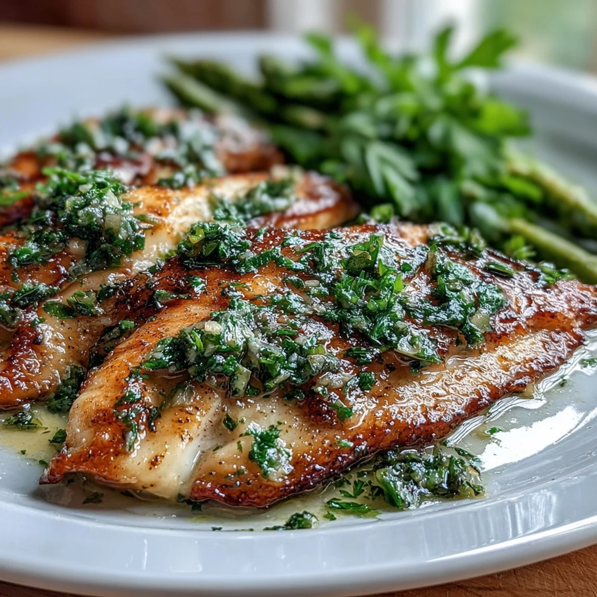 Freshly baked Lemon Herb Tilapia with steamed asparagus on a white plate, garnished with lemon wedges.