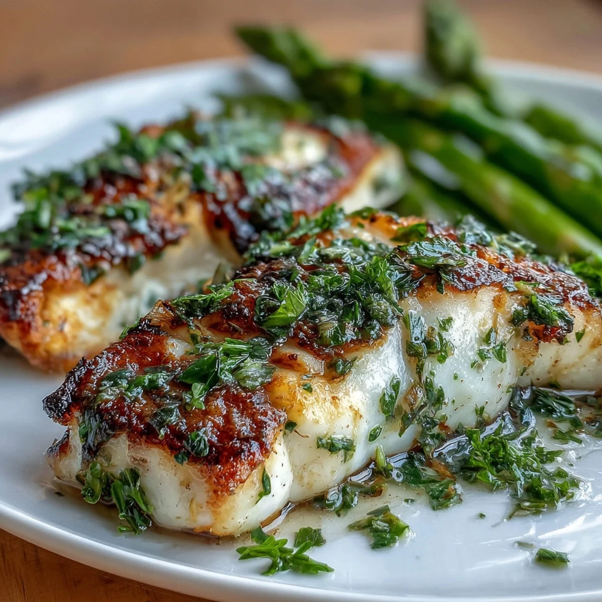 Healthy Lemon Herb Tilapia served with crisp asparagus spears on a ceramic plate for a low-carb dinner.