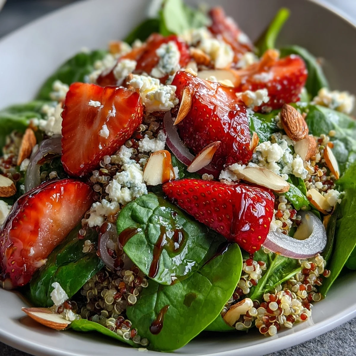 Healthy Strawberry Spinach Quinoa Salad with fresh strawberries and spinach tossed in a homemade balsamic vinaigrette dressing.
