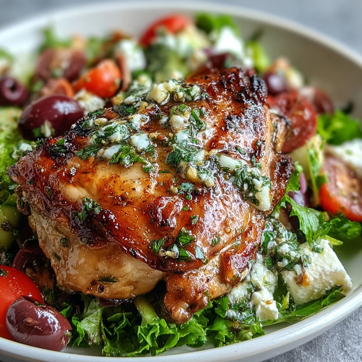 Tender, lemon-herb marinated chicken thighs grilled alongside a vibrant Greek salad of tomatoes, cucumbers, and feta cheese.