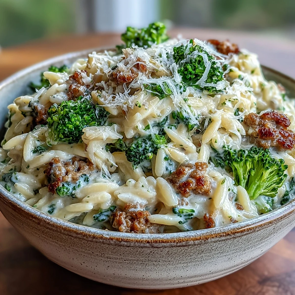 Close-up on a bowl of Creamy Garlic Turkey & Broccoli Orzo, highlighting the silky garlic cream sauce coating every grain of pasta.