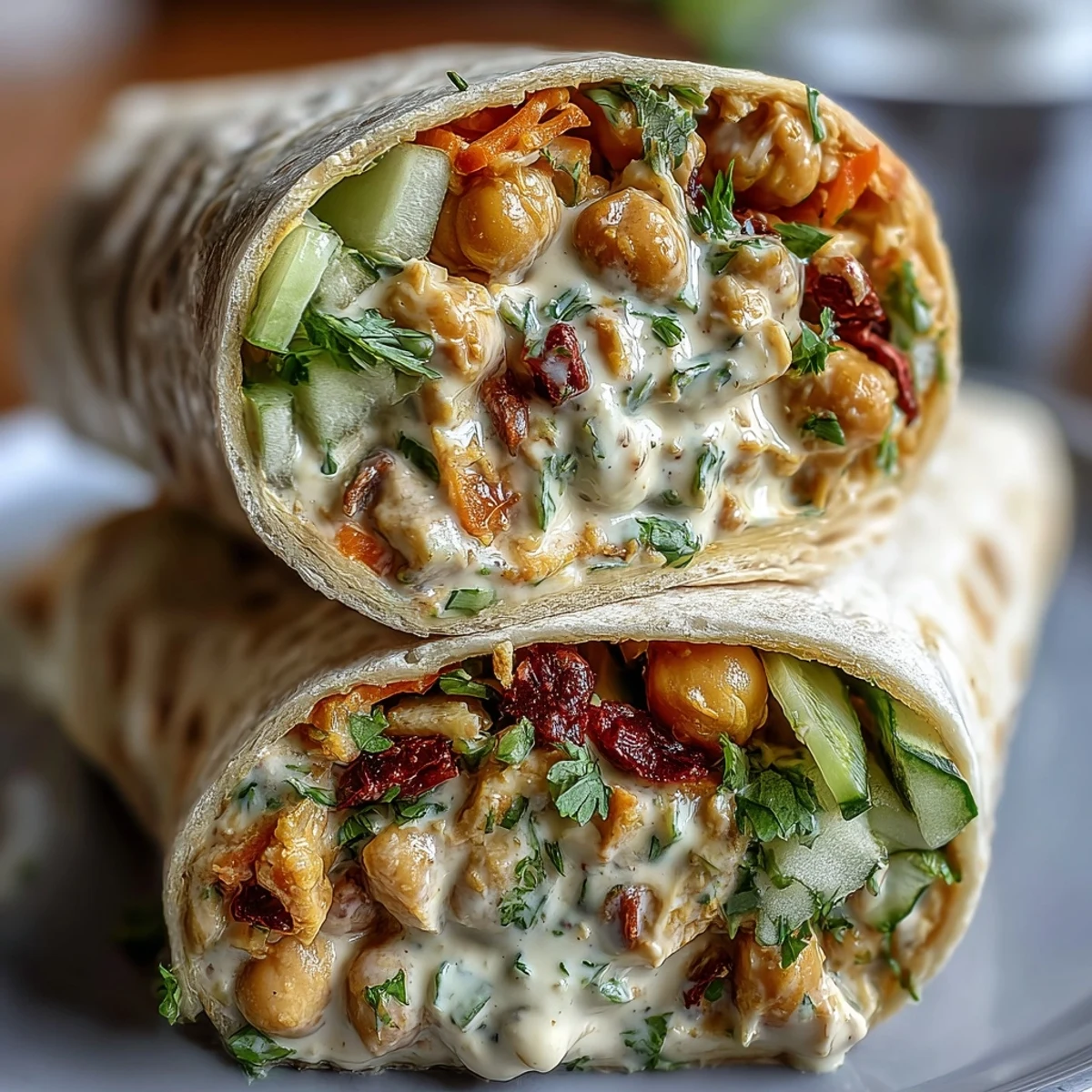 Vegan Coconut Curry Chickpea Salad Wraps with creamy curry-spiced chickpeas, crisp veggies, and fresh herbs wrapped in a soft tortilla.