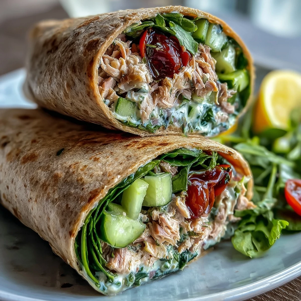 Fresh tuna and white bean salad wrap with crisp veggies, zesty lemon dressing, and hearty whole wheat tortilla for a quick lunch.