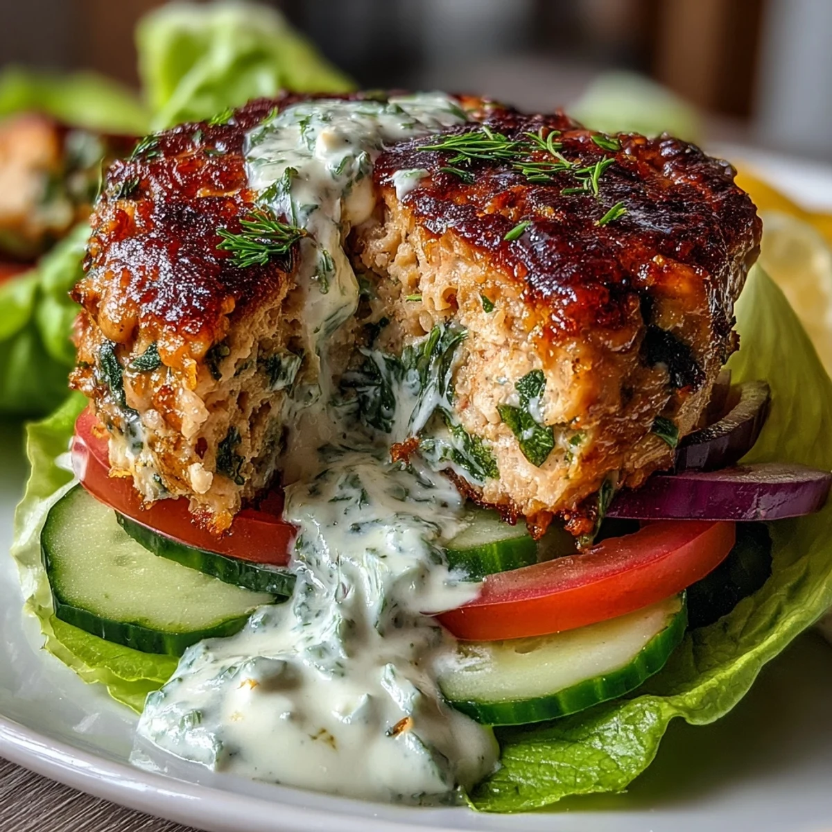 A close-up of a juicy turkey burger lettuce wrap topped with creamy avocado ranch and fresh vegetables.