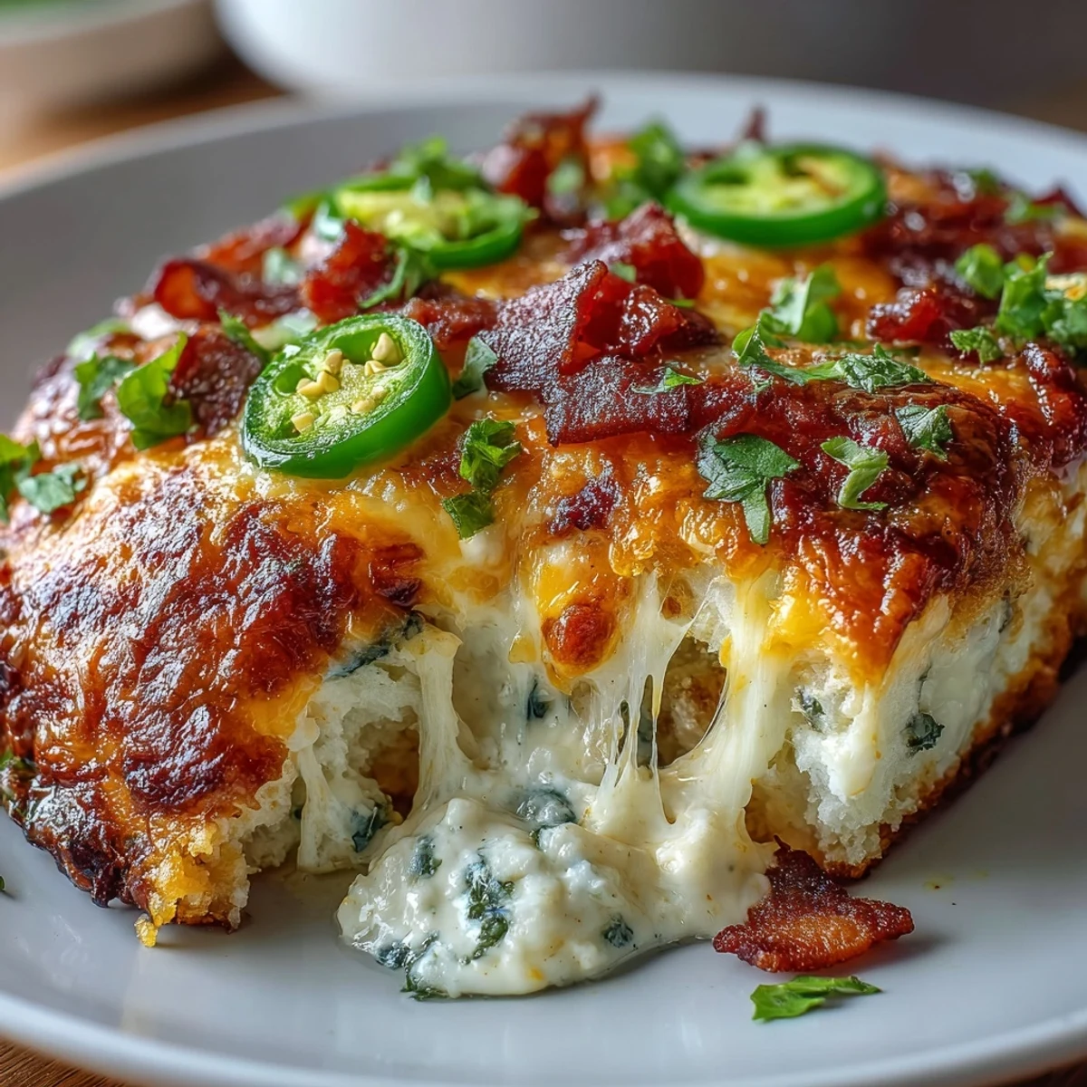 Keto Jalapeño Popper Chicken Casserole with Cauliflower Rice topped with melted cheddar and crispy bacon bits.