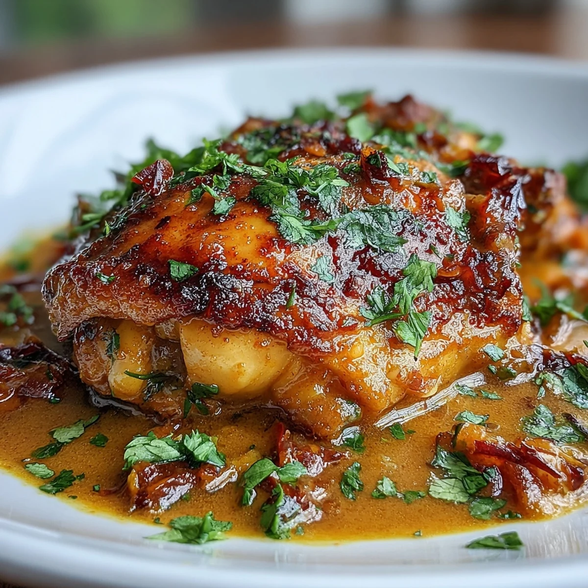 Baked chicken thighs marinated in yogurt and spices, nestled in a vibrant curry sauce with coconut milk, served with fluffy rice and naan.