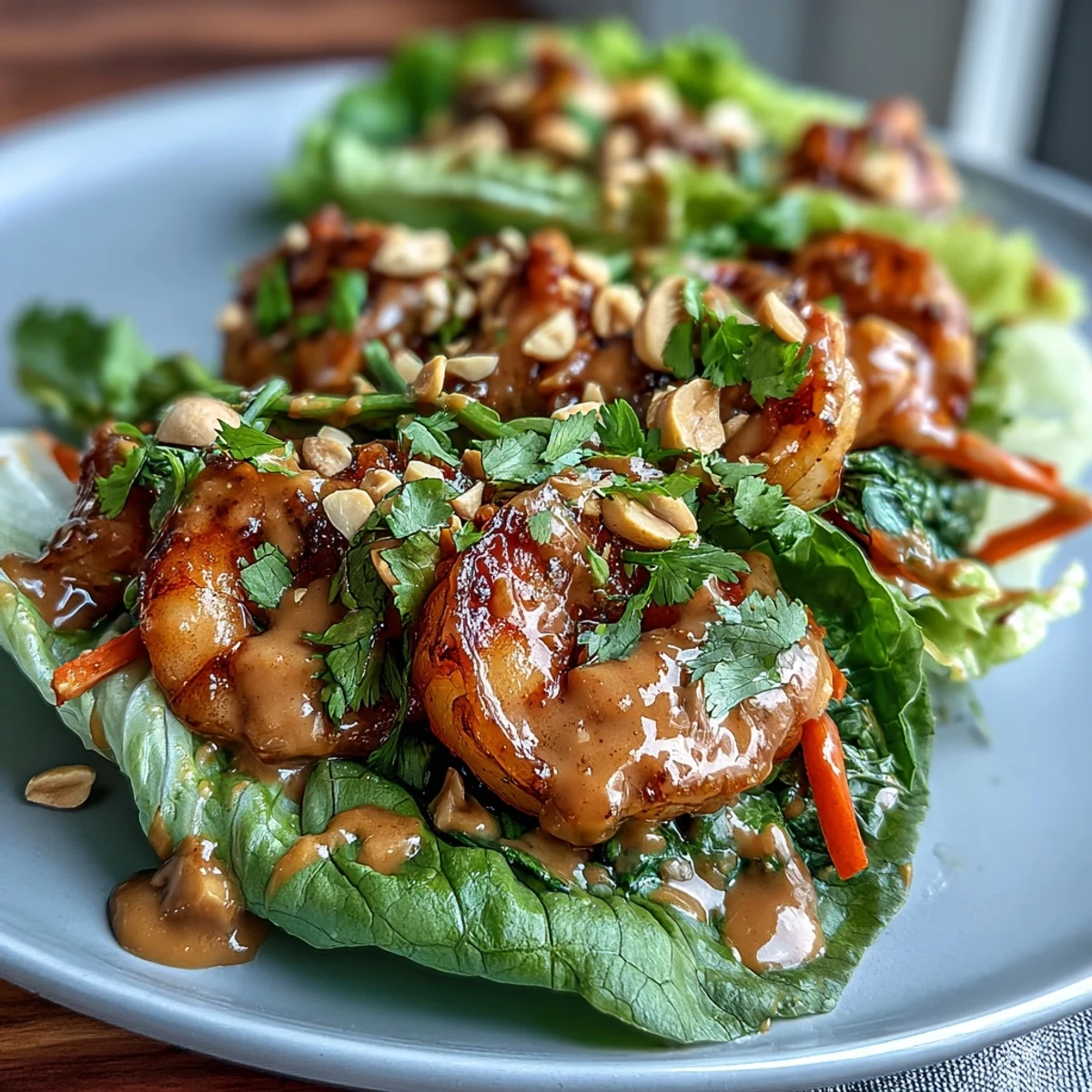 Fresh butter lettuce cups loaded with tender shrimp, colorful veggies, and luscious peanut sauce, garnished with cilantro for an irresistible appetizer.