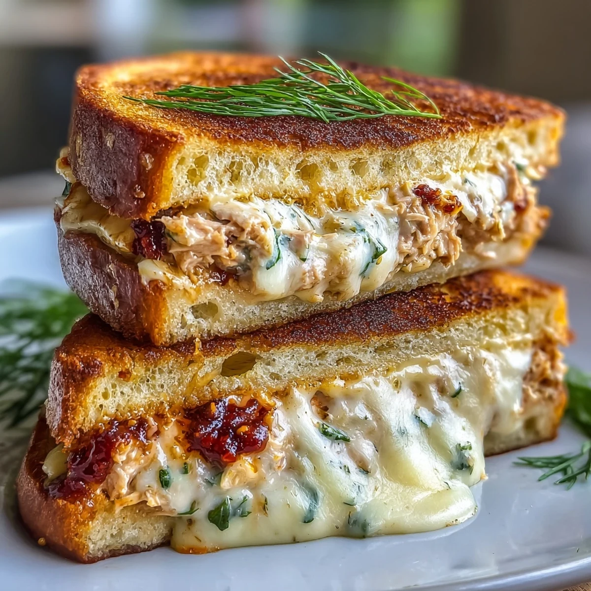 Spicy tuna melt with Calabrian chili, golden sourdough bread, melted cheese, and vibrant chili oil drizzle.  