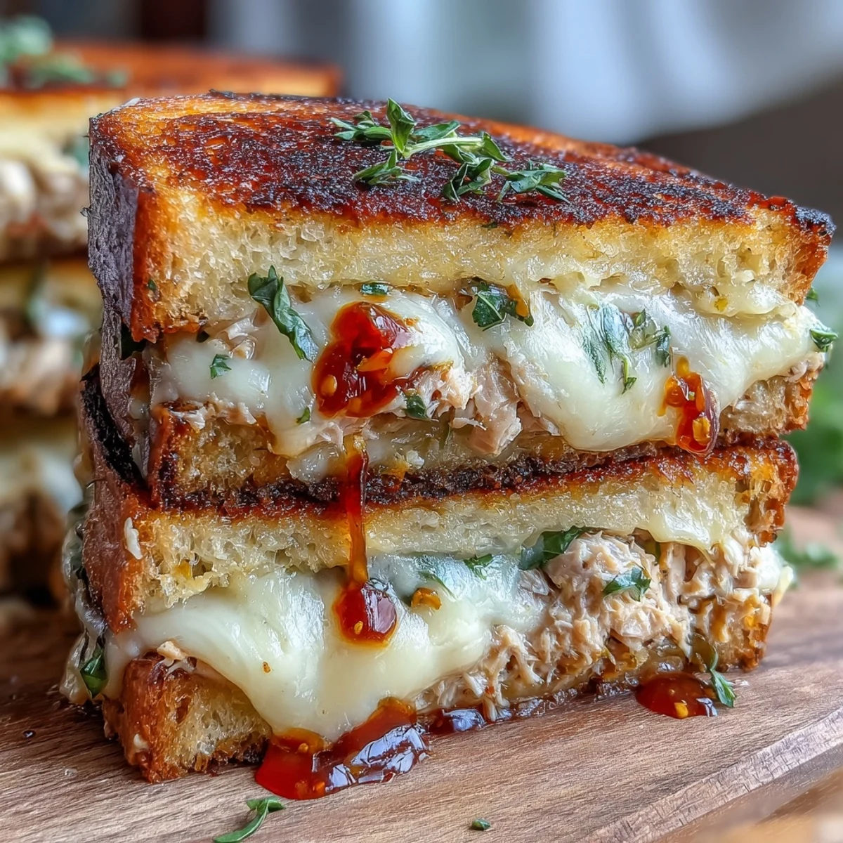 Close-up of a spicy tuna melt featuring melted cheese, tangy sourdough, and Calabrian chili oil drizzle.