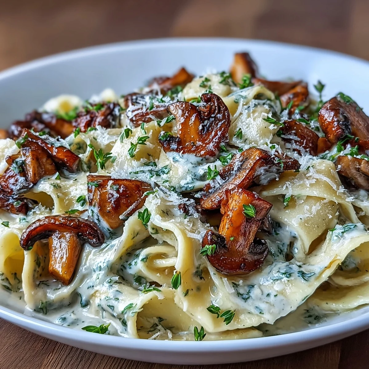 Creamy one-pot mushroom pasta with thyme, featuring earthy sautéed mushrooms and pappardelle in a rich Parmesan cream sauce, garnished with fresh herbs.