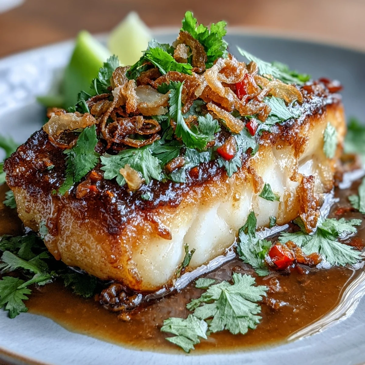Vibrant pan-seared chilli lime fish fillets with fresh cilantro and crispy shallots, served with a tangy Thai-inspired sauce.  