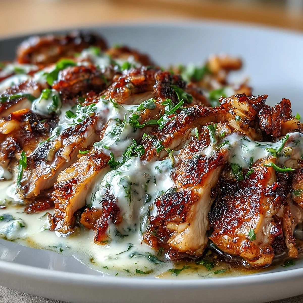 Juicy marinated chicken shawarma with aromatic spices, grilled to perfection and drizzled with creamy garlic sauce.  