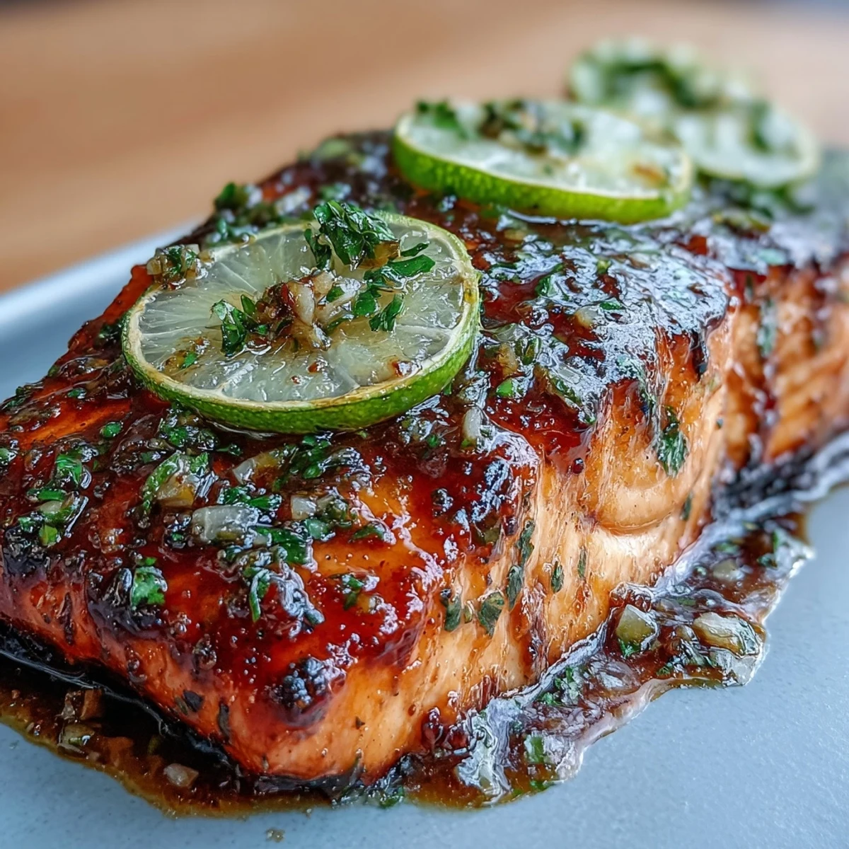 Oven-baked salmon topped with a glossy honey-lime garlic butter sauce, served with vibrant lime wedges and herbs.